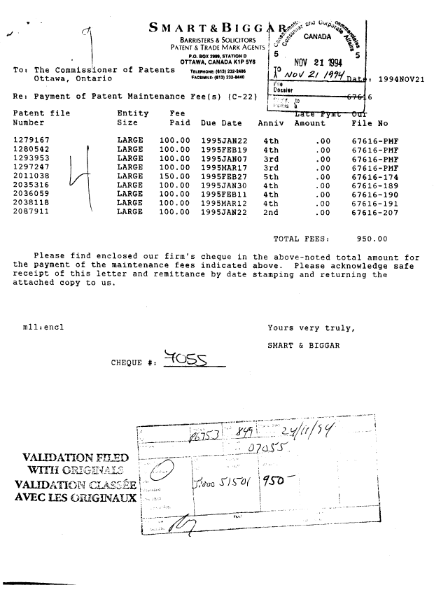Document de brevet canadien 1279167. Taxes 19941121. Image 1 de 1