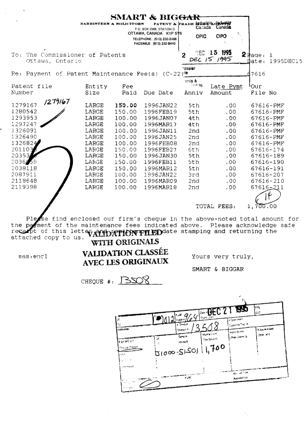 Document de brevet canadien 1279167. Taxes 19951215. Image 1 de 1