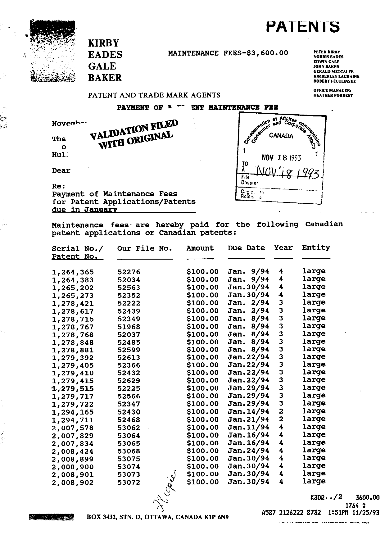 Document de brevet canadien 1279515. Taxes 19931118. Image 1 de 1