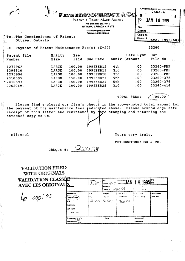Document de brevet canadien 1279963. Taxes 19950118. Image 1 de 1
