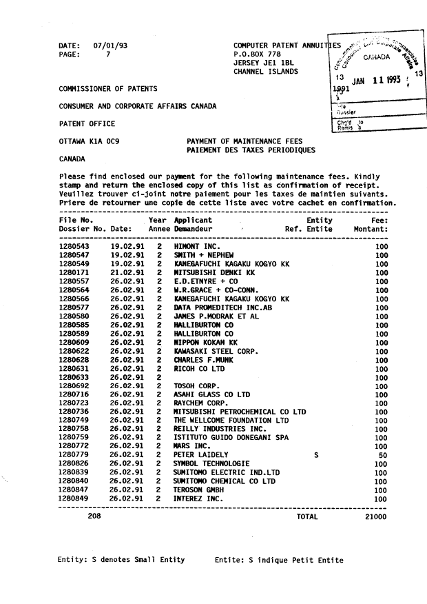 Document de brevet canadien 1280171. Taxes 19930111. Image 1 de 1