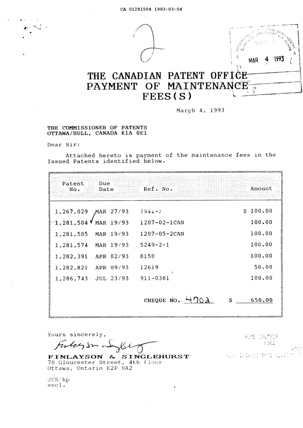 Document de brevet canadien 1281504. Taxes 19930304. Image 1 de 1