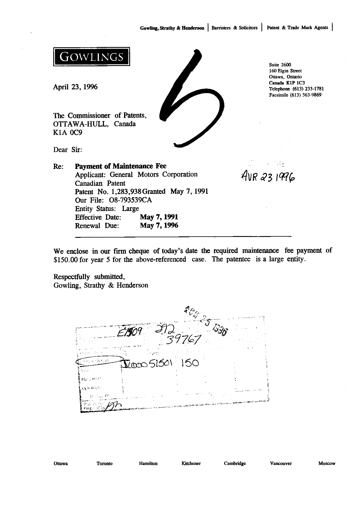 Canadian Patent Document 1283938. Fees 19960423. Image 1 of 1