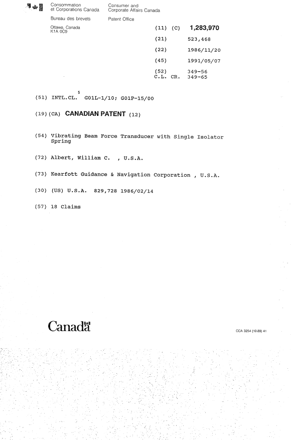 Canadian Patent Document 1283970. Cover Page 19931020. Image 1 of 1