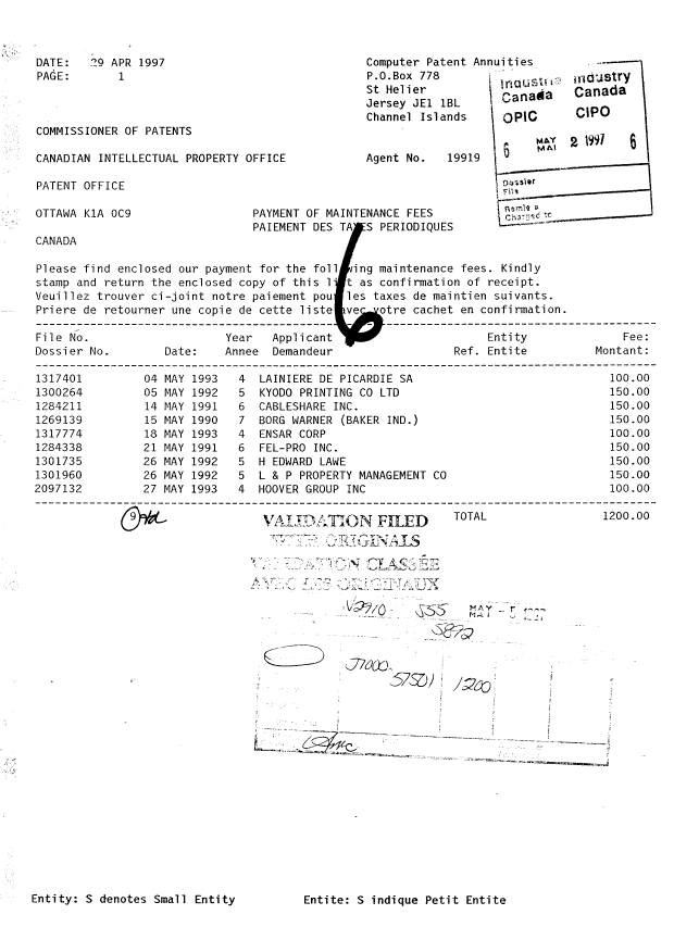 Document de brevet canadien 1284211. Taxes 19970502. Image 1 de 1