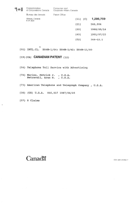 Canadian Patent Document 1286759. Cover Page 19921221. Image 1 of 1