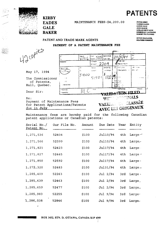 Document de brevet canadien 1286759. Taxes 19931217. Image 1 de 2