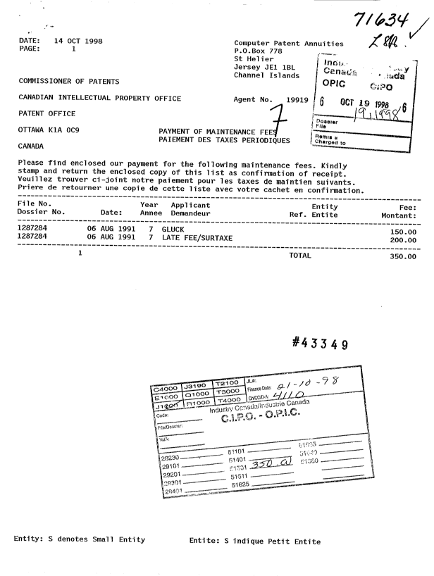Document de brevet canadien 1287284. Taxes 19981019. Image 1 de 1