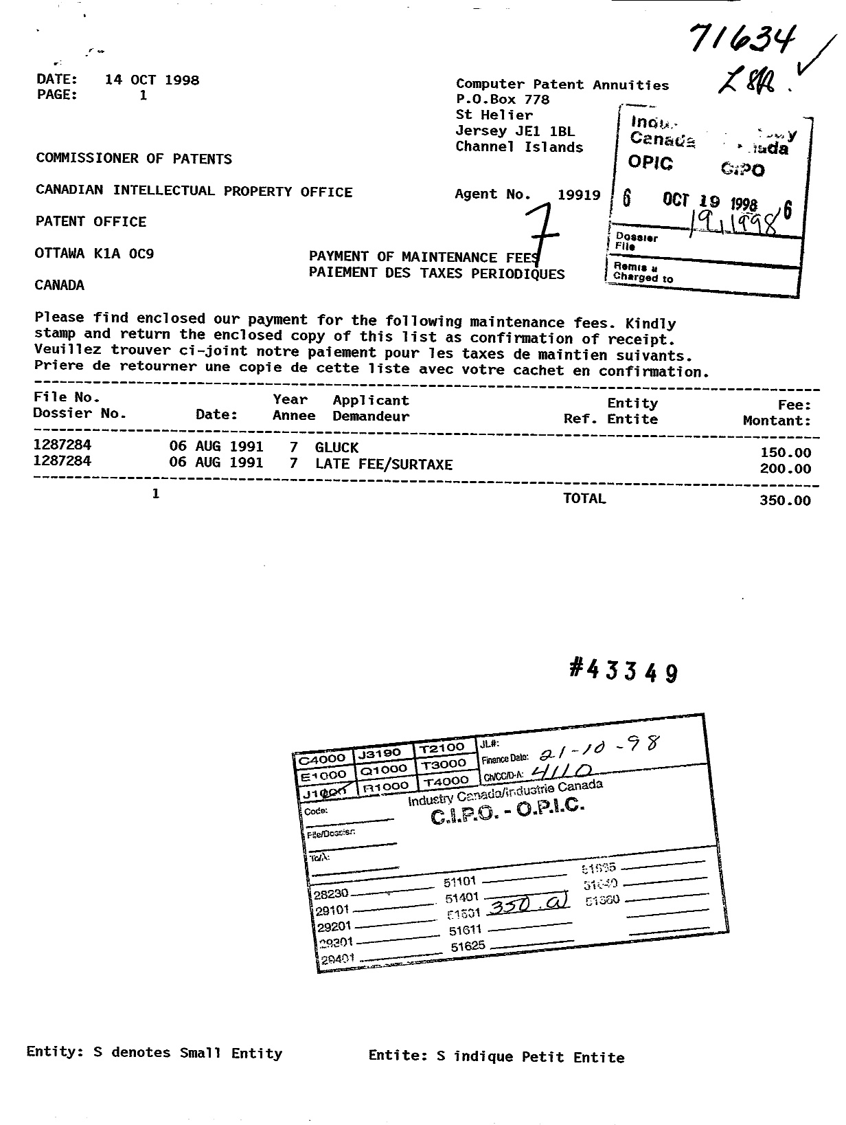 Canadian Patent Document 1287284. Fees 19981019. Image 1 of 1