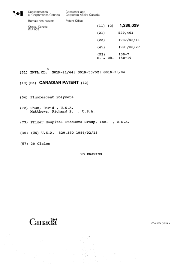 Canadian Patent Document 1288029. Cover Page 19931029. Image 1 of 1