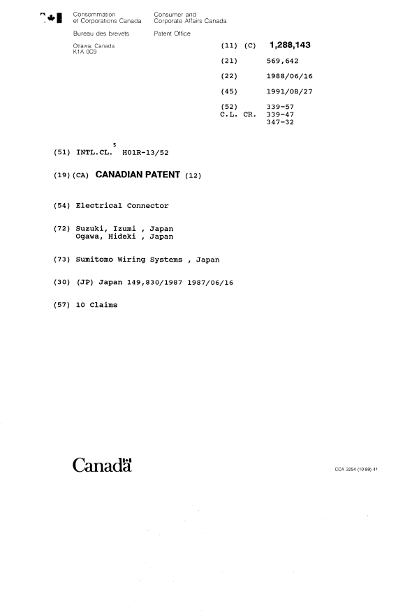 Canadian Patent Document 1288143. Cover Page 19931021. Image 1 of 1