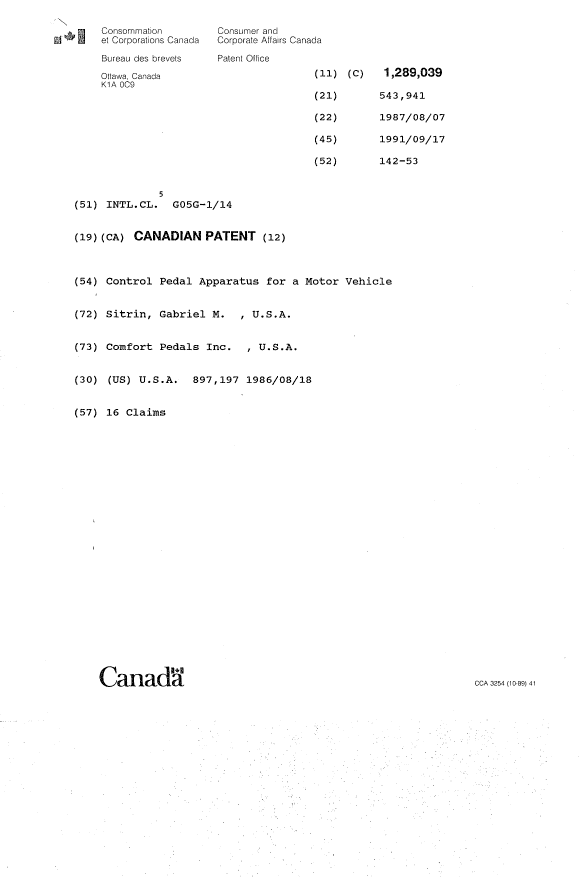 Canadian Patent Document 1289039. Cover Page 19931022. Image 1 of 1