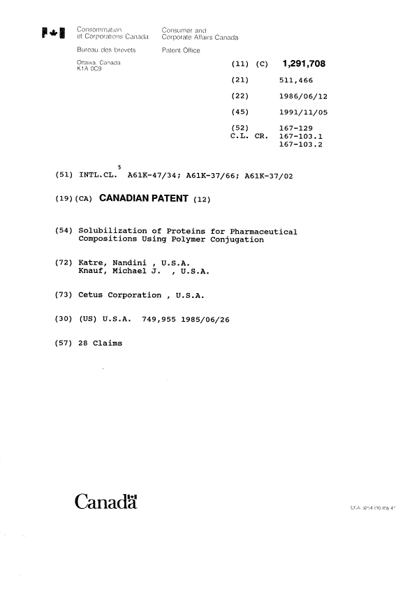 Canadian Patent Document 1291708. Cover Page 19921223. Image 1 of 1