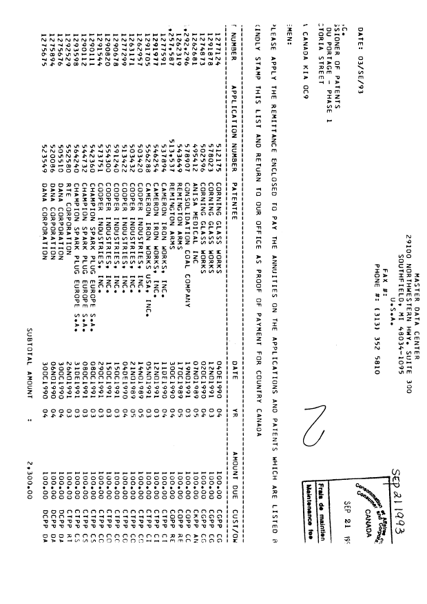 Document de brevet canadien 1291977. Taxes 19930921. Image 1 de 1
