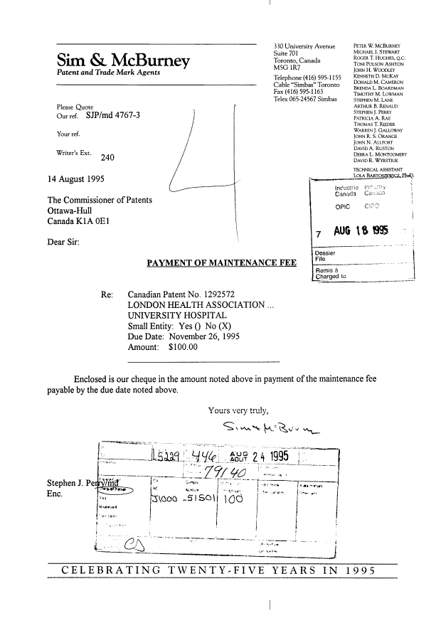 Document de brevet canadien 1292572. Taxes 19950818. Image 1 de 1