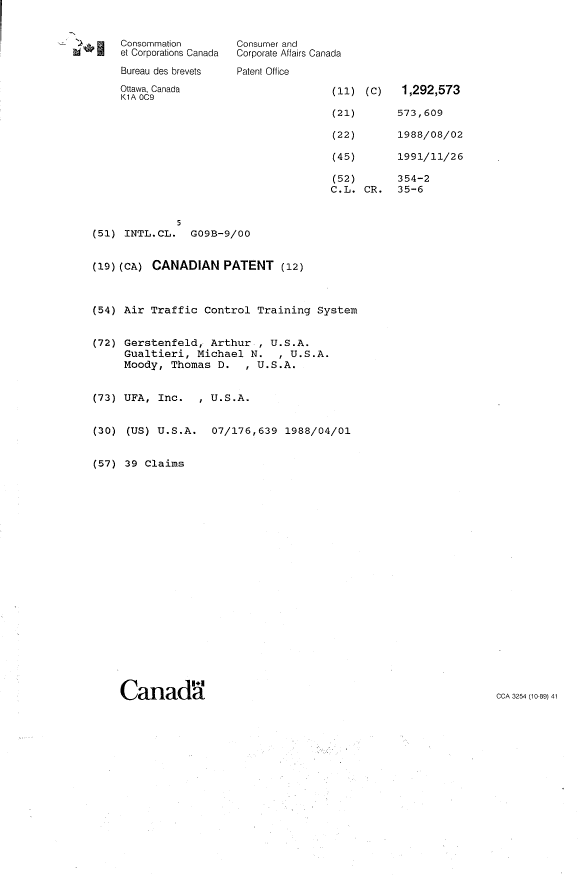 Document de brevet canadien 1292573. Page couverture 19931023. Image 1 de 1