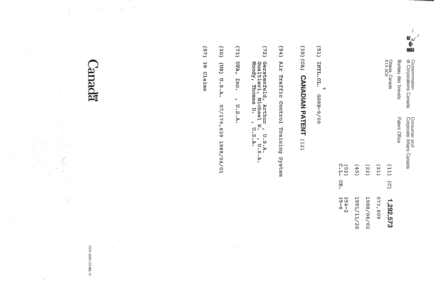 Canadian Patent Document 1292573. Cover Page 19931023. Image 1 of 1