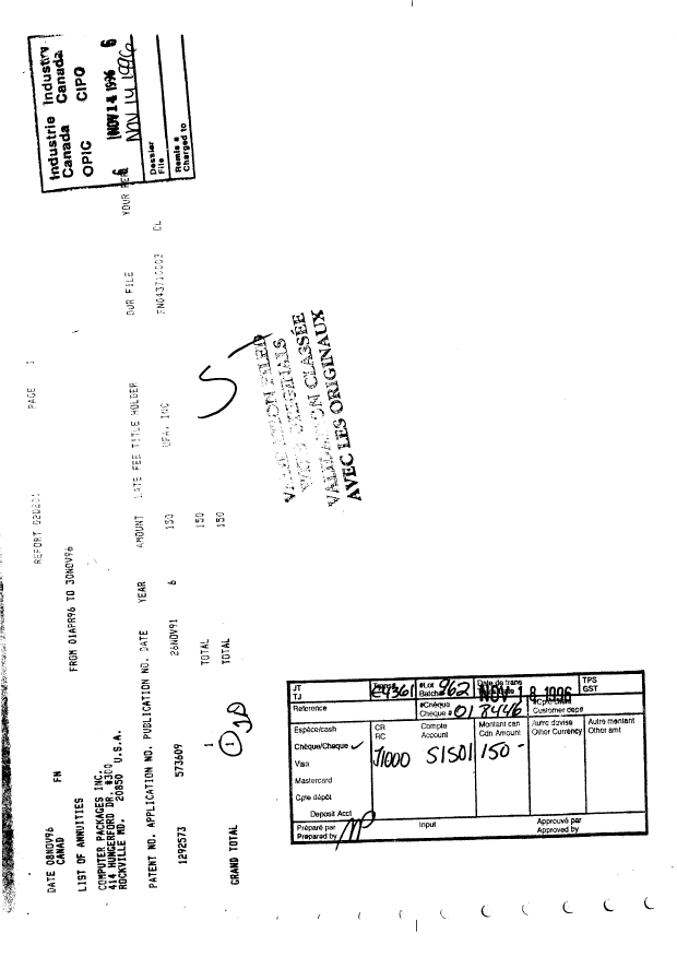Document de brevet canadien 1292573. Taxes 19961114. Image 1 de 1