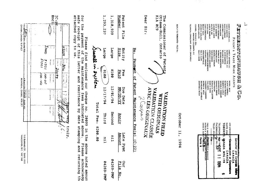 Canadian Patent Document 1293237. Fees 19941011. Image 1 of 1