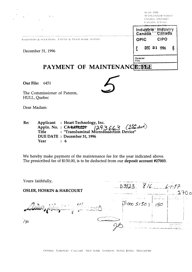 Document de brevet canadien 1293663. Taxes 19961231. Image 1 de 1