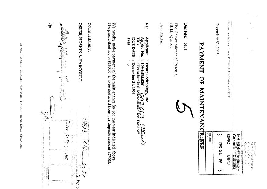 Canadian Patent Document 1293663. Fees 19961231. Image 1 of 1