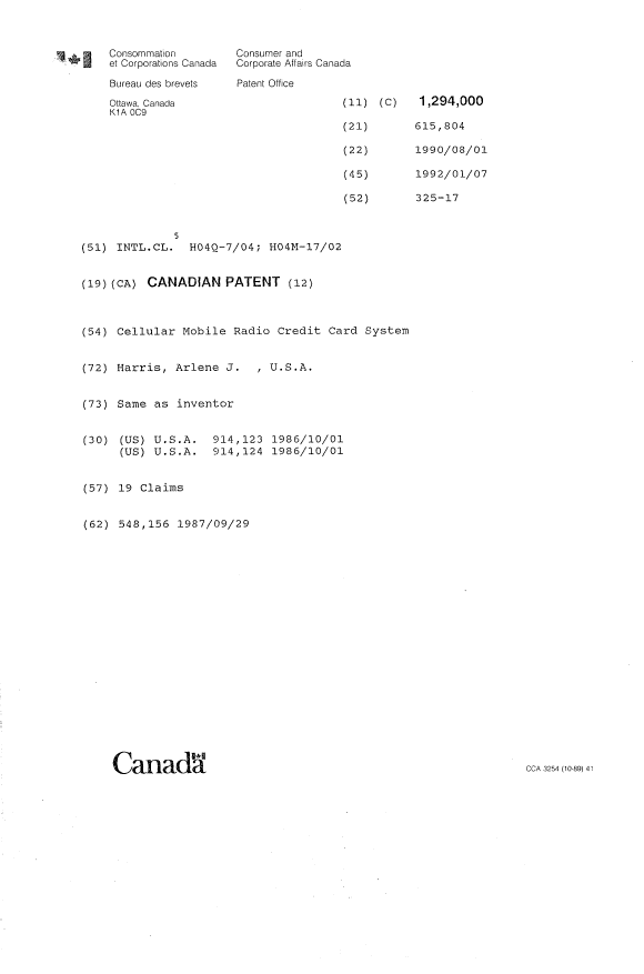 Document de brevet canadien 1294000. Page couverture 19931026. Image 1 de 1