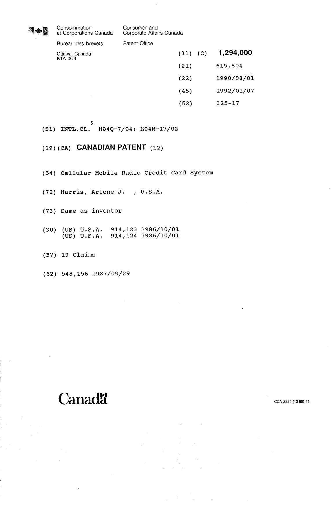 Canadian Patent Document 1294000. Cover Page 19931026. Image 1 of 1