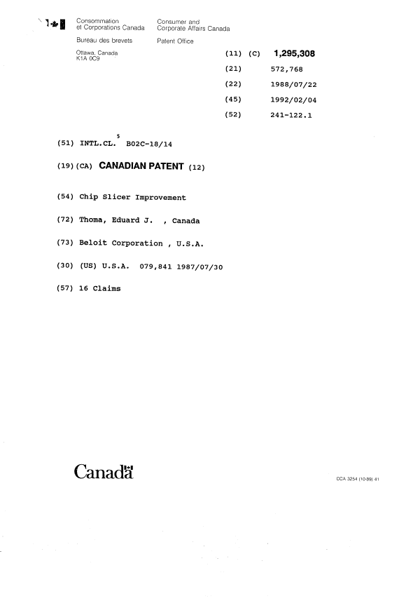 Document de brevet canadien 1295308. Page couverture 19931116. Image 1 de 1