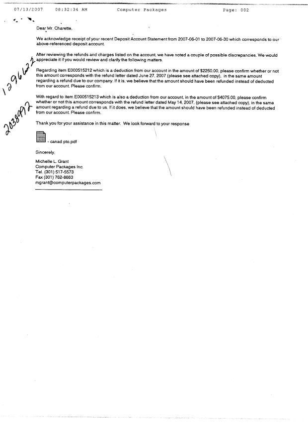 Document de brevet canadien 1296622. Correspondance 20070709. Image 1 de 2