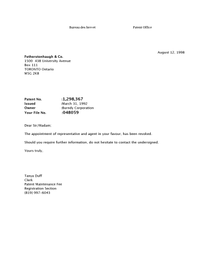Canadian Patent Document 1298367. Correspondence 19980812. Image 1 of 1