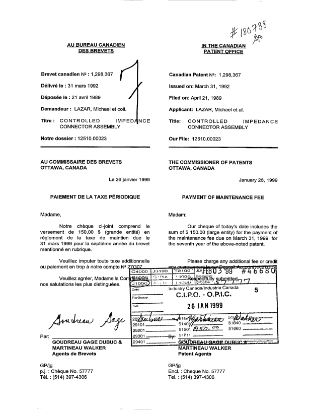 Document de brevet canadien 1298367. Taxes 19990126. Image 1 de 1
