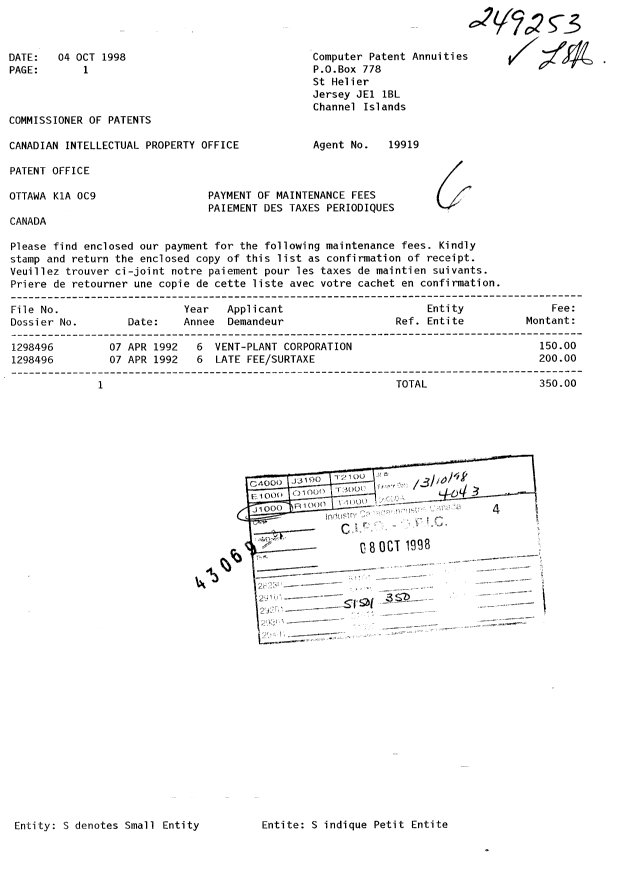 Document de brevet canadien 1298496. Taxes 19981008. Image 1 de 1