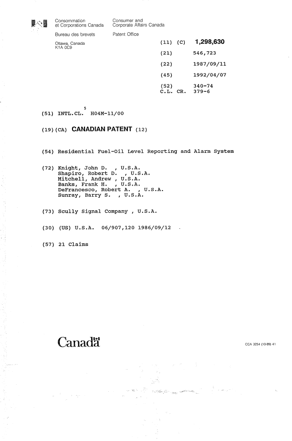 Canadian Patent Document 1298630. Cover Page 19931028. Image 1 of 1