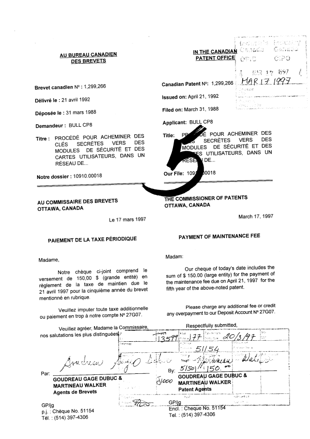 Document de brevet canadien 1299266. Taxes 19970317. Image 1 de 1