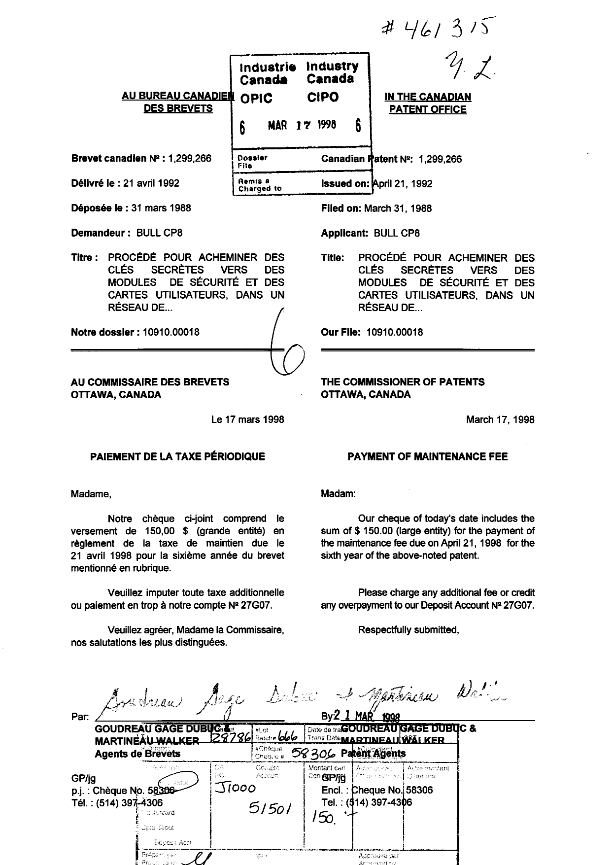 Canadian Patent Document 1299266. Fees 19980317. Image 1 of 1