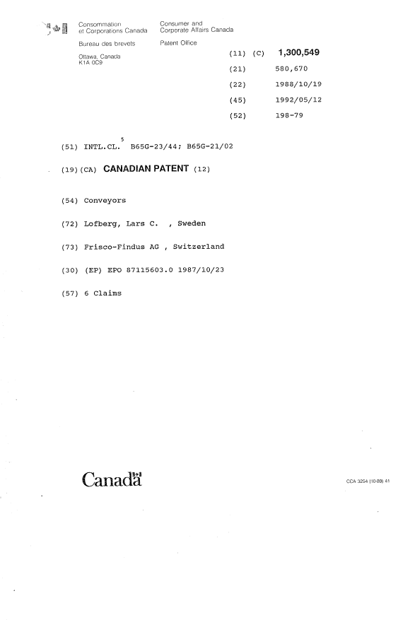 Canadian Patent Document 1300549. Cover Page 19921230. Image 1 of 1