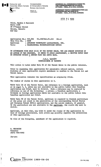 Canadian Patent Document 1301006. Examiner Requisition 19890424. Image 1 of 1