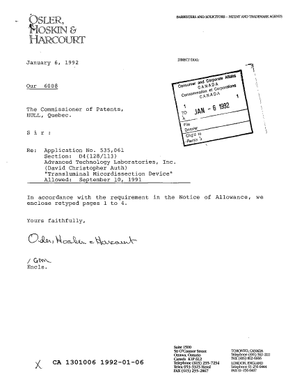 Canadian Patent Document 1301006. Prosecution Correspondence 19920106. Image 1 of 1