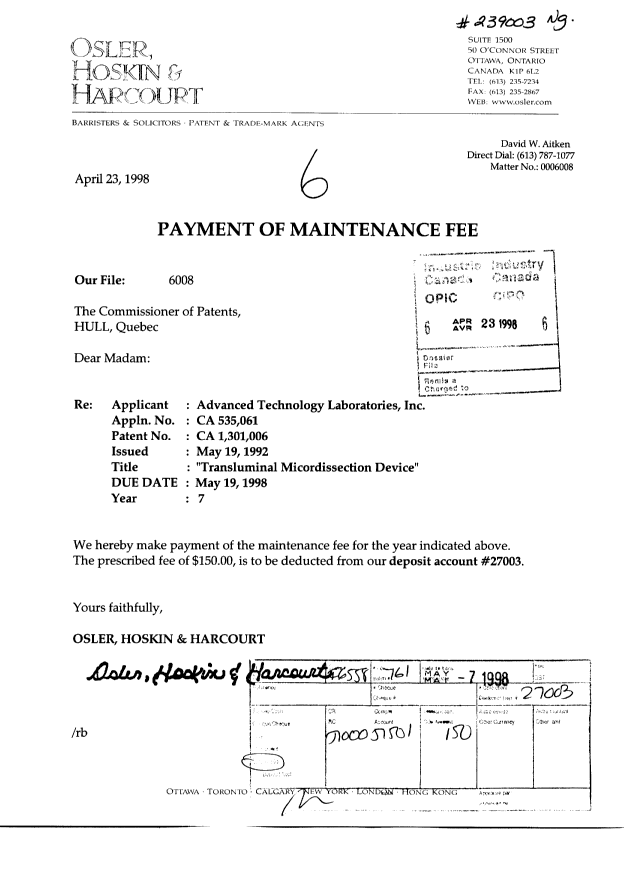 Canadian Patent Document 1301006. Fees 19980423. Image 1 of 1