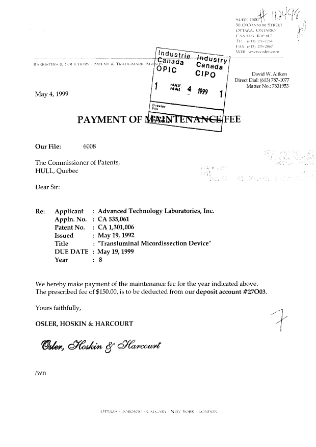 Canadian Patent Document 1301006. Fees 19990504. Image 1 of 1