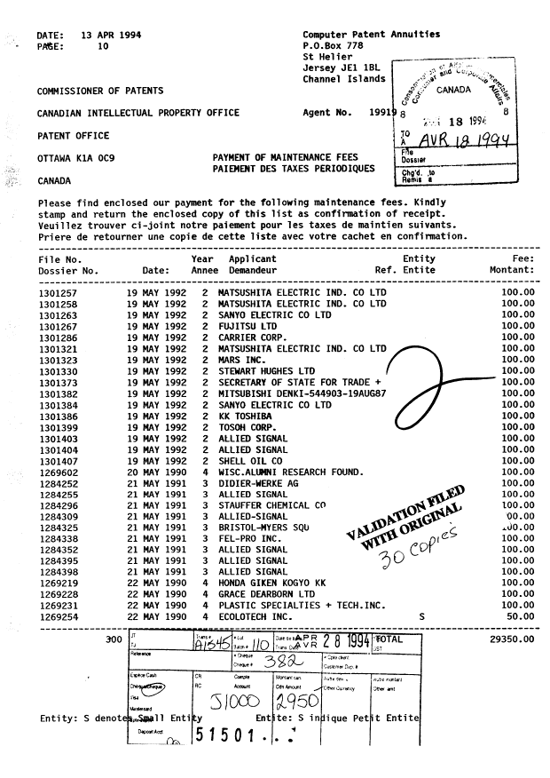 Document de brevet canadien 1301384. Taxes 19940418. Image 1 de 1