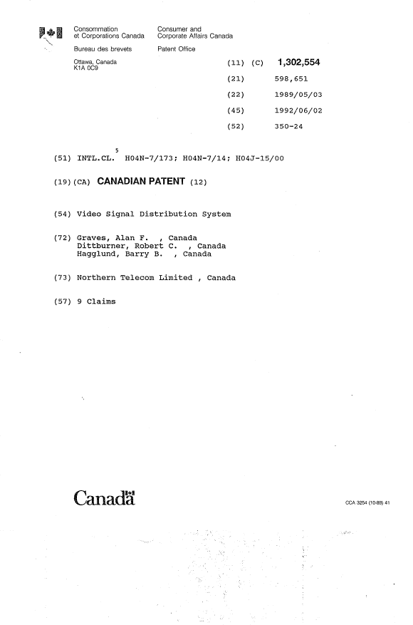 Canadian Patent Document 1302554. Cover Page 19921231. Image 1 of 1