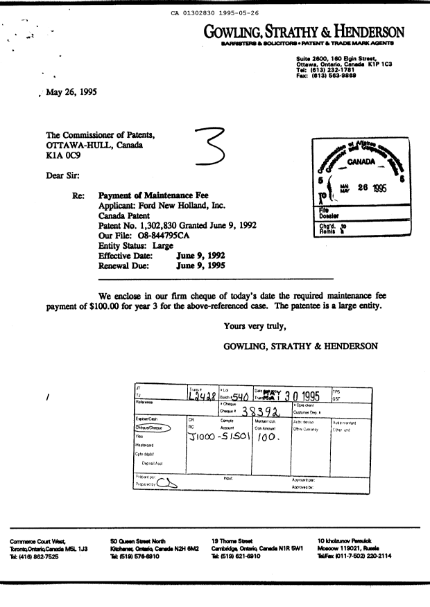 Document de brevet canadien 1302830. Taxes 19950526. Image 1 de 1