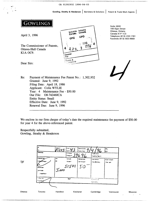 Document de brevet canadien 1302932. Taxes 19960403. Image 1 de 1