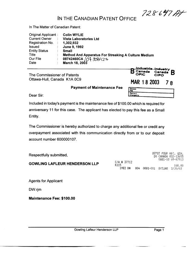 Canadian Patent Document 1302932. Fees 20030318. Image 1 of 1