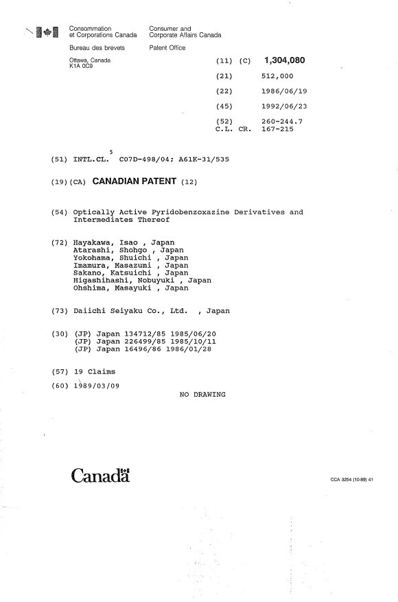 Canadian Patent Document 1304080. Cover Page 19921202. Image 1 of 1