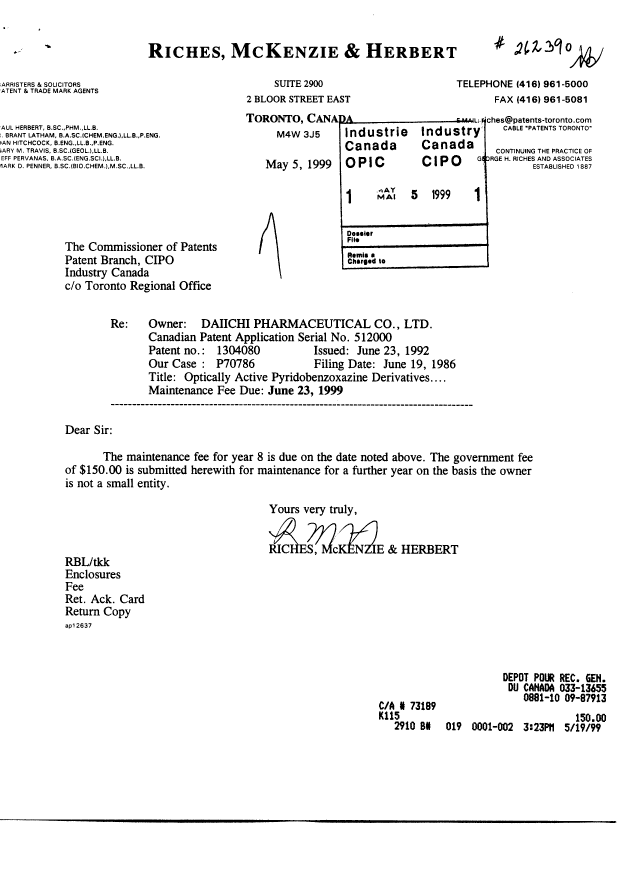 Document de brevet canadien 1304080. Taxes 19981205. Image 1 de 1