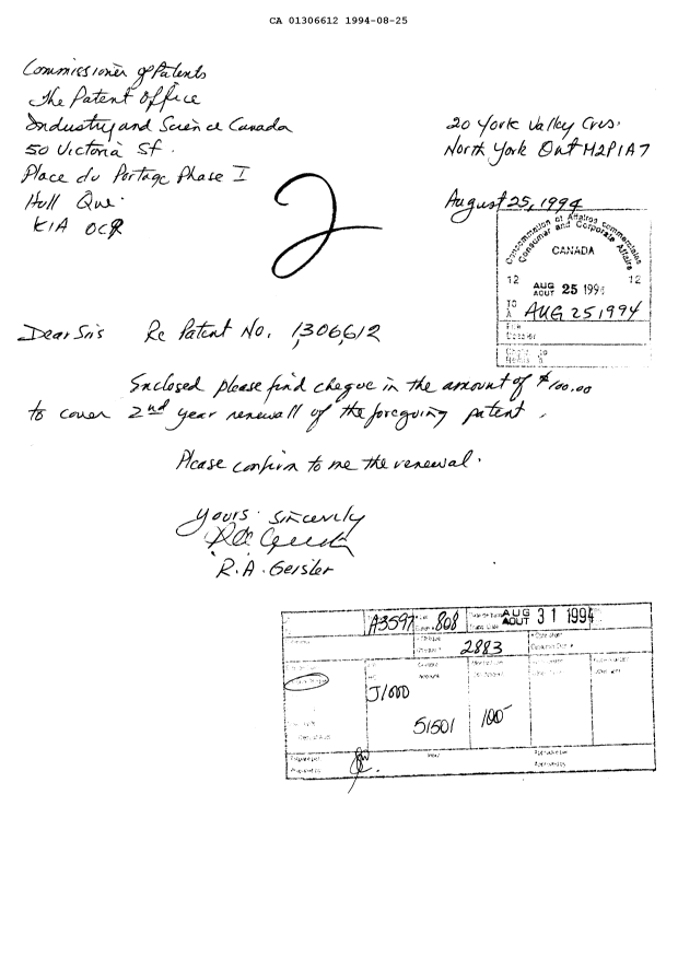Canadian Patent Document 1306612. Fees 19931225. Image 1 of 1