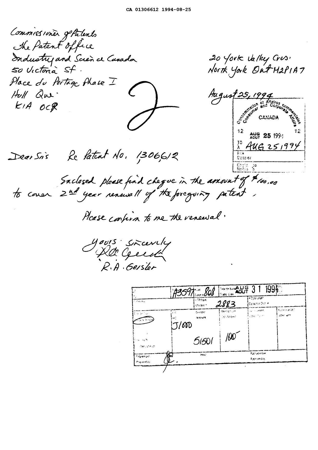 Canadian Patent Document 1306612. Fees 19931225. Image 1 of 1