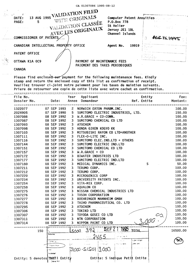 Document de brevet canadien 1307086. Taxes 19950812. Image 1 de 1